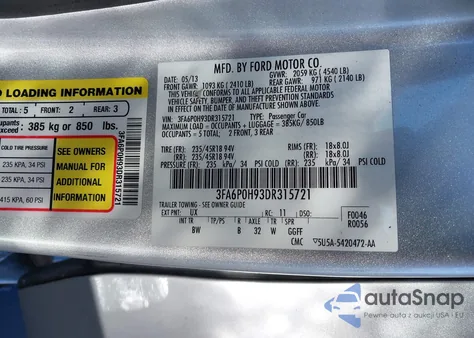 2013 Ford Fusion Se z USA, uszkodzony, nr VIN 3FA6P0H93DR315721